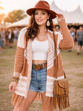 Western Boho Fringe Cardigan Camel Aztec Knit Festival Duster